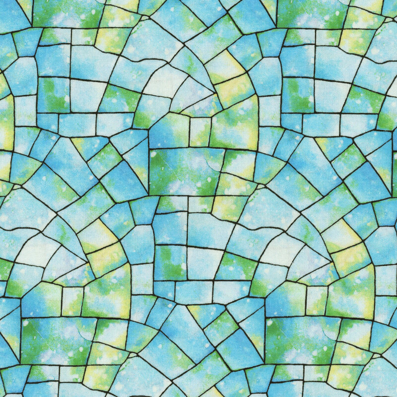 Aqua and green fabric with a stained glass kaleidoscope texture.
