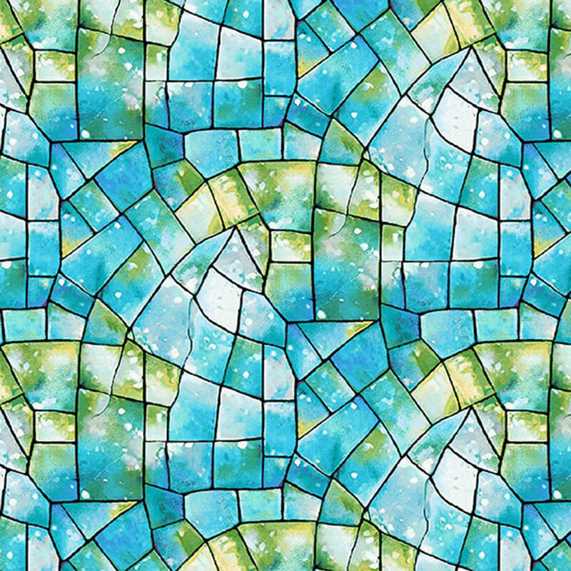 Aqua and green fabric with a stained glass kaleidoscope texture.