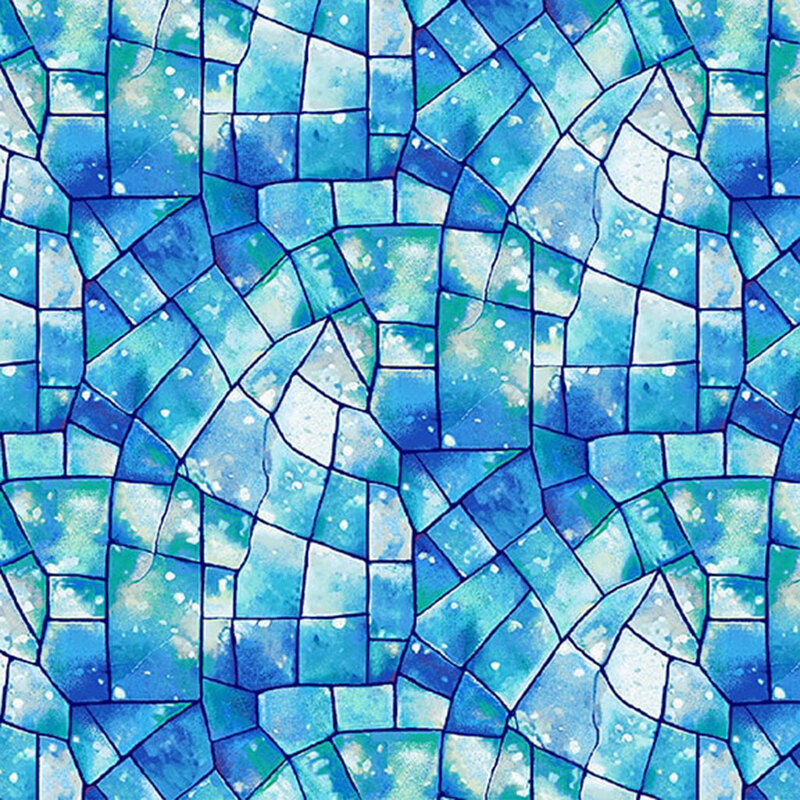 Blue and aqua fabric with a stained glass kaleidoscope texture.