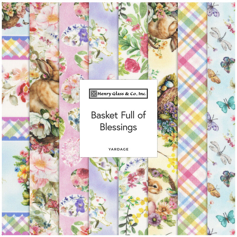 A collage of spring and Easter fabrics included in the Basket Full of Blessings collection.