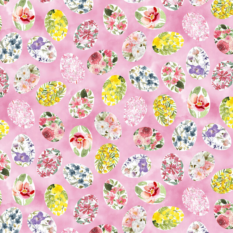 Mottled pink fabric with tossed, ornately decorated Easter eggs.