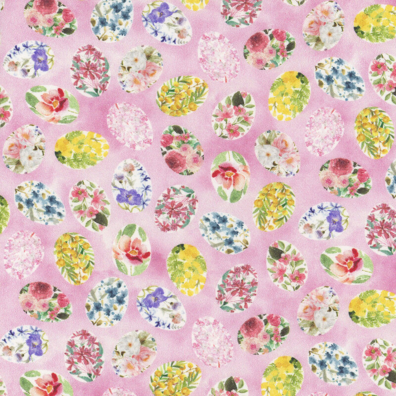 Mottled pink fabric with tossed, ornately decorated Easter eggs.