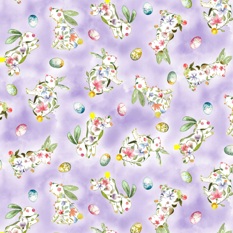 Mottled purple fabric with tossed floral Easter bunnies and decorated eggs.