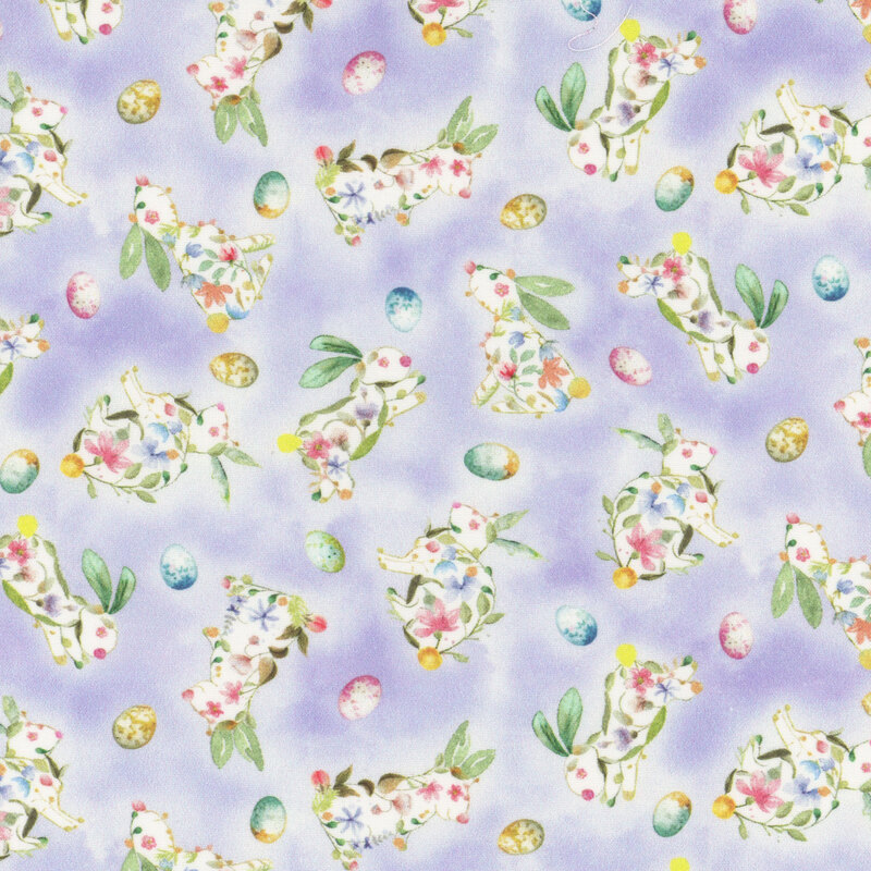 Mottled purple fabric with tossed floral Easter bunnies and decorated eggs.