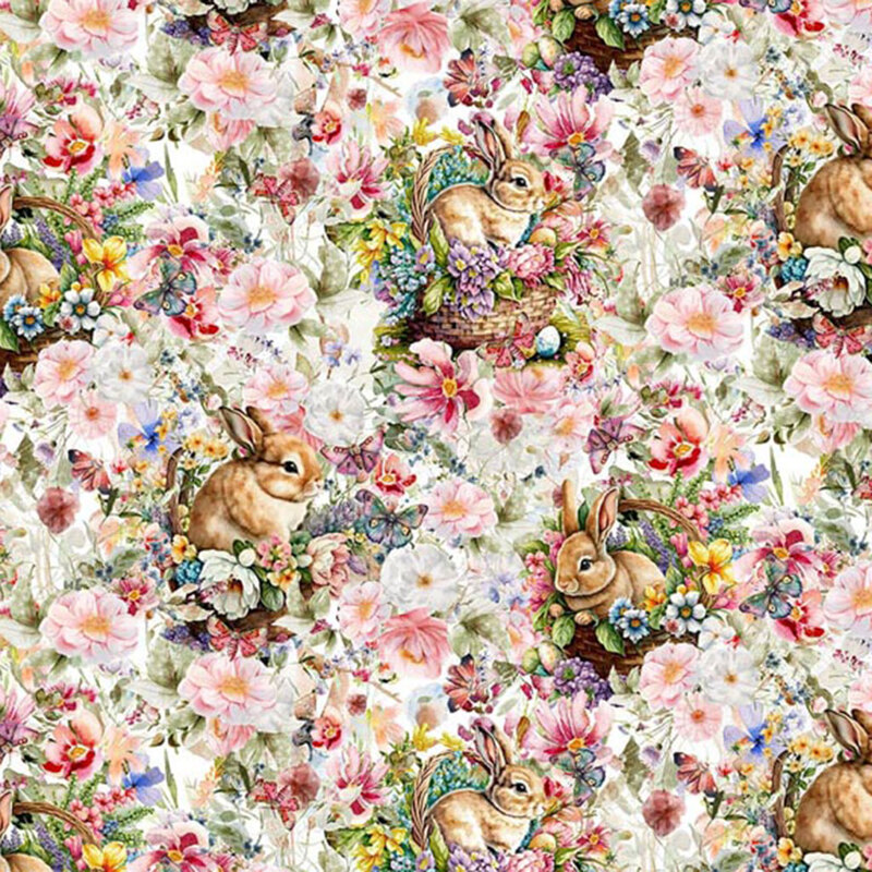 A packed design of bunnies in floral Easter baskets on a background of large florals.