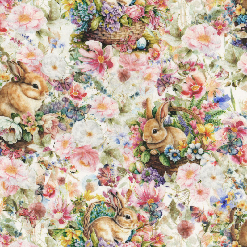 A packed design of bunnies in floral Easter baskets on a background of large florals.