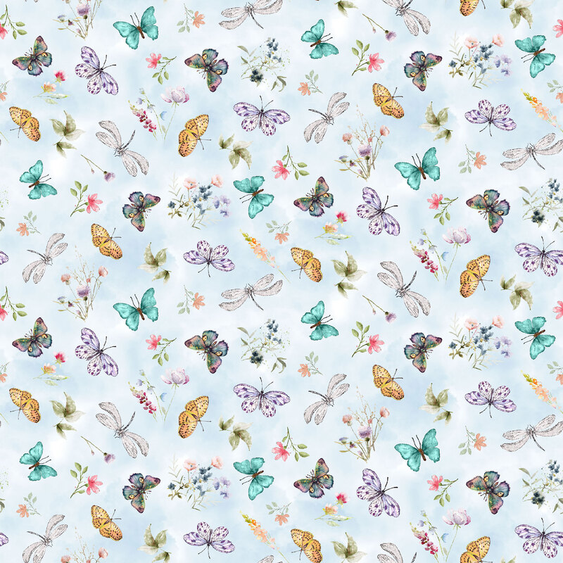 Mottled sky blue fabric with different types of fluttering butterflies and dragonflies.
