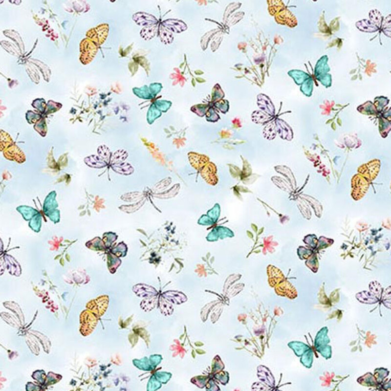 Mottled sky blue fabric with different types of fluttering butterflies and dragonflies.