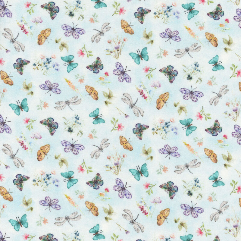 Mottled sky blue fabric with different types of fluttering butterflies and dragonflies.
