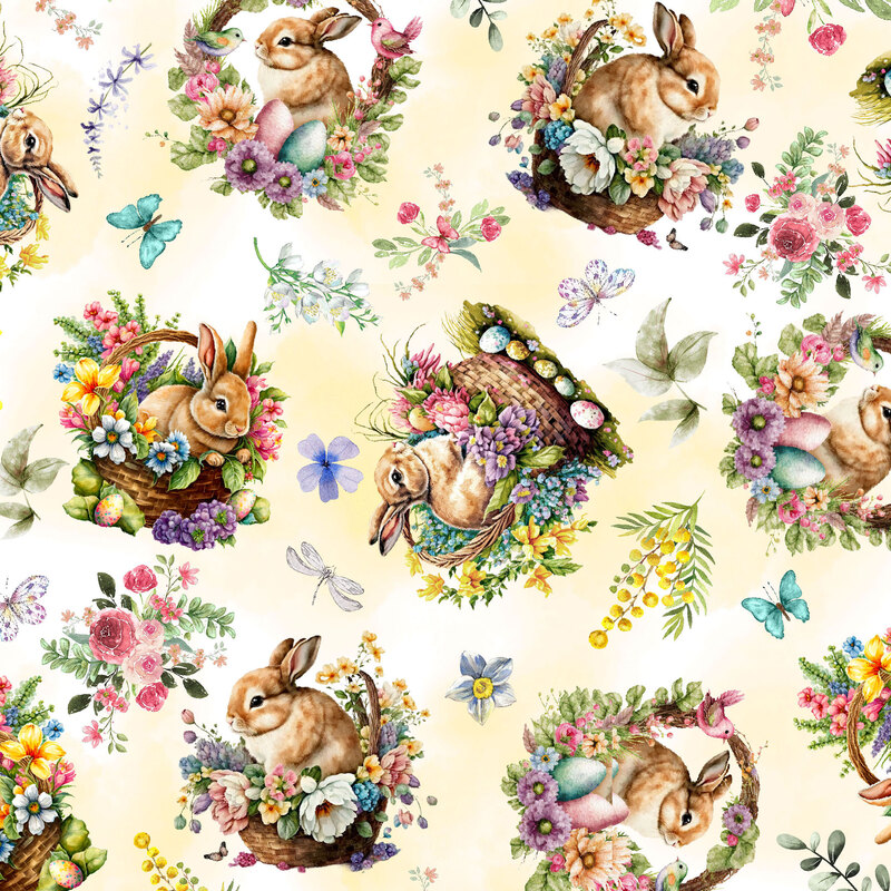 Mottled yellow fabric with ditsy images of bunnies in Easter baskets, florals, butterflies, and leafy sprigs.
