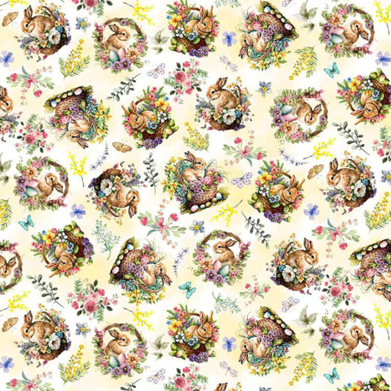 Mottled yellow fabric with ditsy images of bunnies in Easter baskets, florals, butterflies, and leafy sprigs.