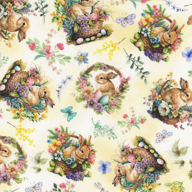 Mottled yellow fabric with ditsy images of bunnies in Easter baskets, florals, butterflies, and leafy sprigs.