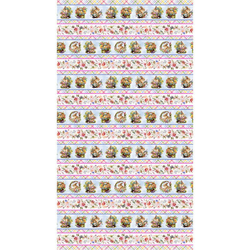 A light, multicolor border stripe fabric with stripes of plaid, bunnies in Easter baskets, and florals.