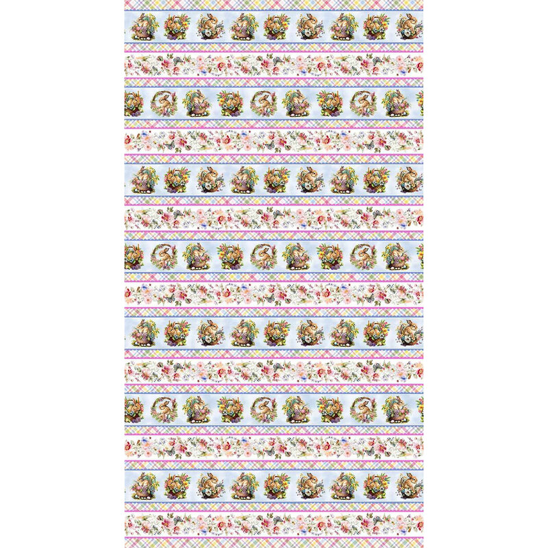 A light, multicolor border stripe fabric with stripes of plaid, bunnies in Easter baskets, and florals.