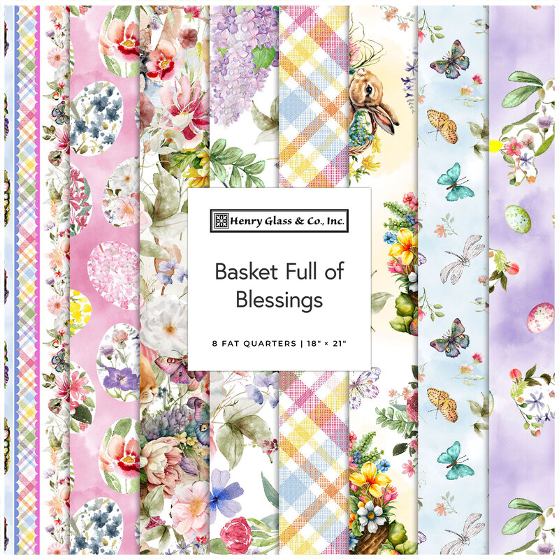A collage of spring and Easter fabrics included in the Basket Full of Blessings FQ Set.