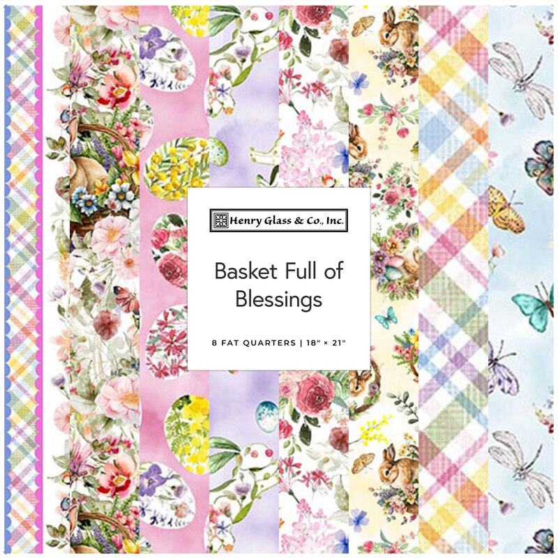 A collage of spring and Easter fabrics included in the Basket Full of Blessings FQ Set.