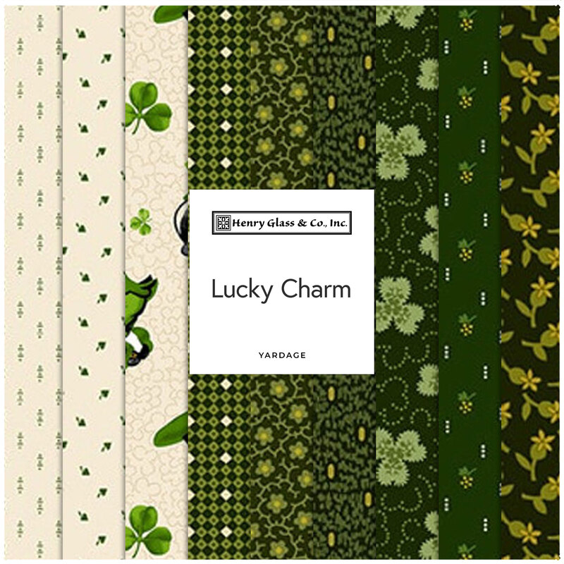 Collage of fabrics included in the Lucky Charm collection in shades of green and cream