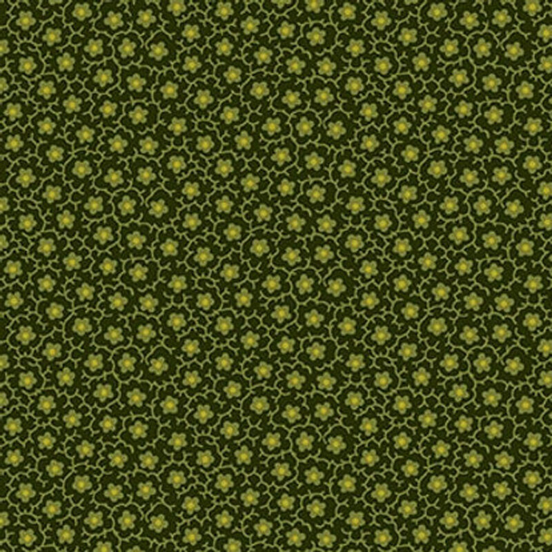 Repeating floral pattern in varying shades of green on a dark green background.