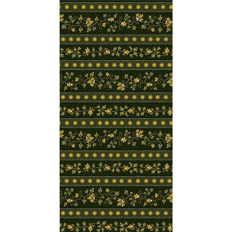 Border stripe fabric with yellow flowers and decorative stripes on a dark green background