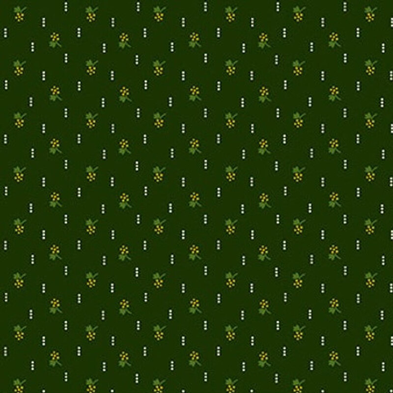 A dark green fabric pattern with scattered yellow flowers and white dots.