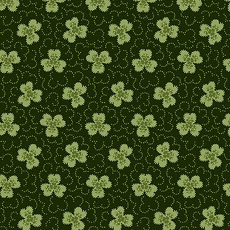 Pattern of light green clovers on a dark green background, with swirling lines connecting the clovers.