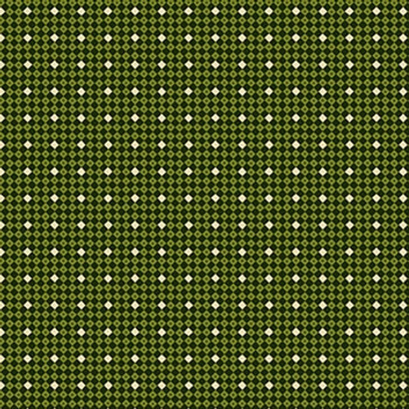 Green fabric featuring a repeating pattern of small light and dark diamonds.