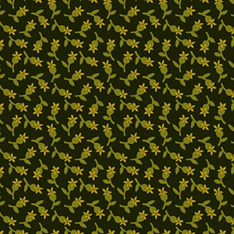 A dark green fabric pattern featuring scattered yellow flowers and green leaves.