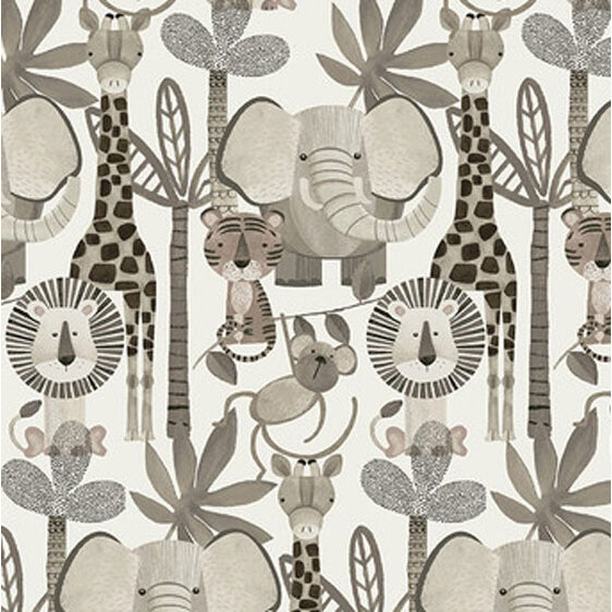 A whimsical jungle pattern featuring elephants, giraffes, lions, tigers, and trees in neutral tones.