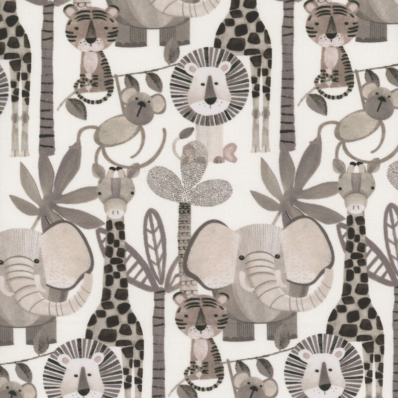 A whimsical jungle pattern featuring elephants, giraffes, lions, tigers, and trees in neutral tones.