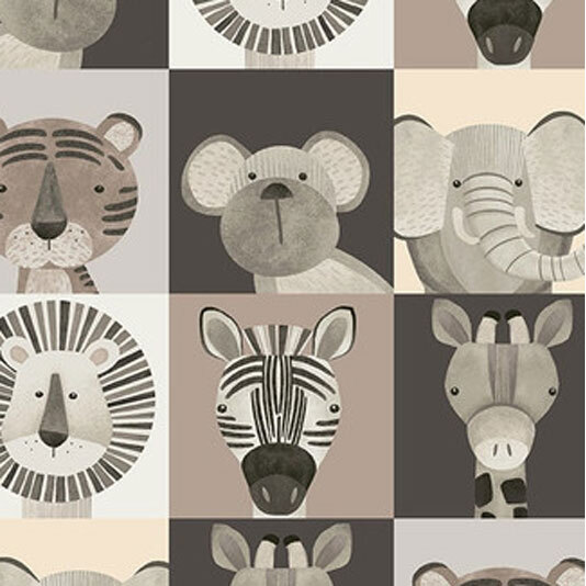 Muted fabric featuring six animal illustrations: a tiger, koala, elephant, lion, zebra, and giraffe in a grid pattern