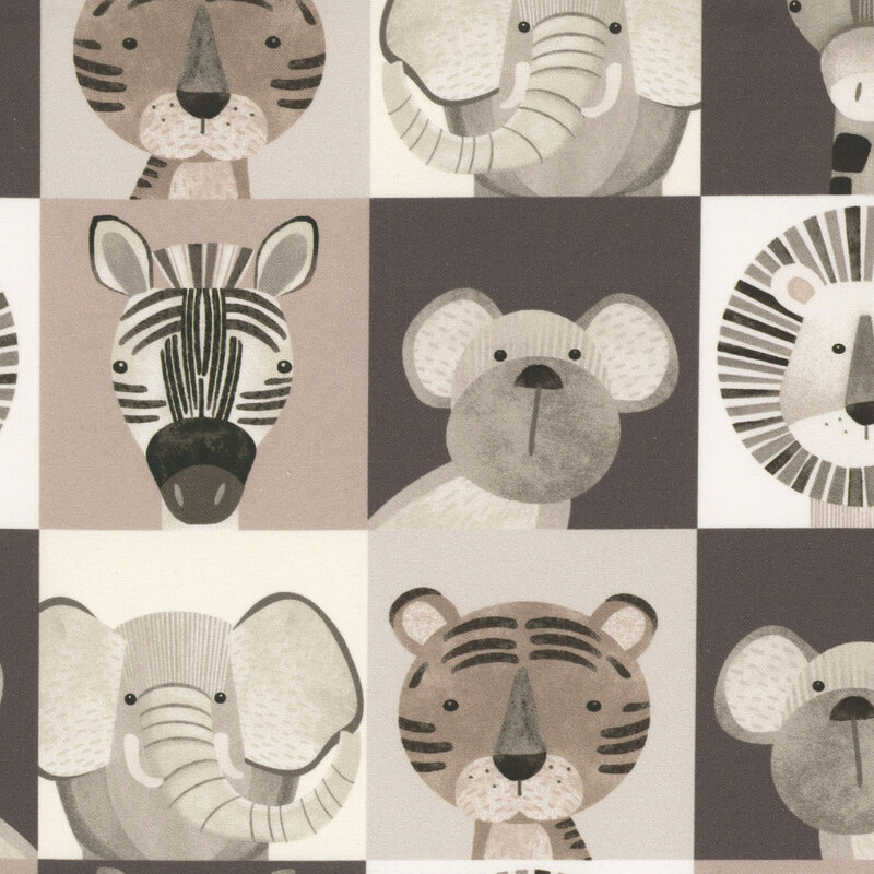 Muted fabric featuring six animal illustrations: a tiger, koala, elephant, lion, zebra, and giraffe in a grid pattern