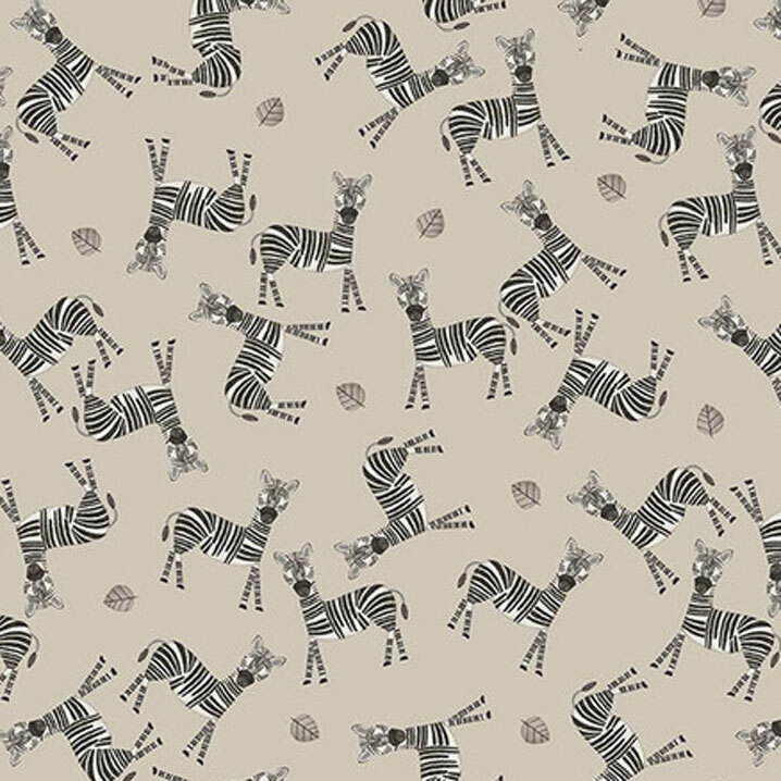 Taupe fabric tossed with zebras and small leaves