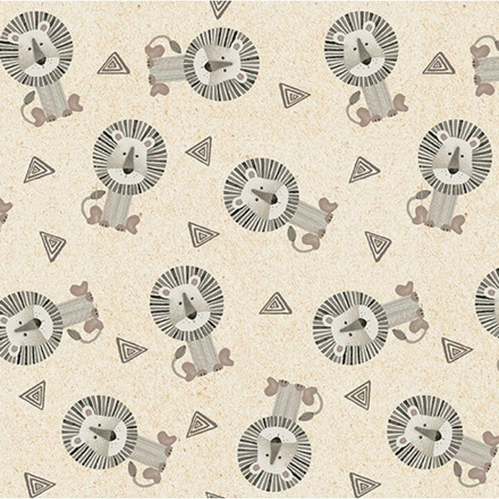 Light beige fabric tossed with lions and geometric shapes