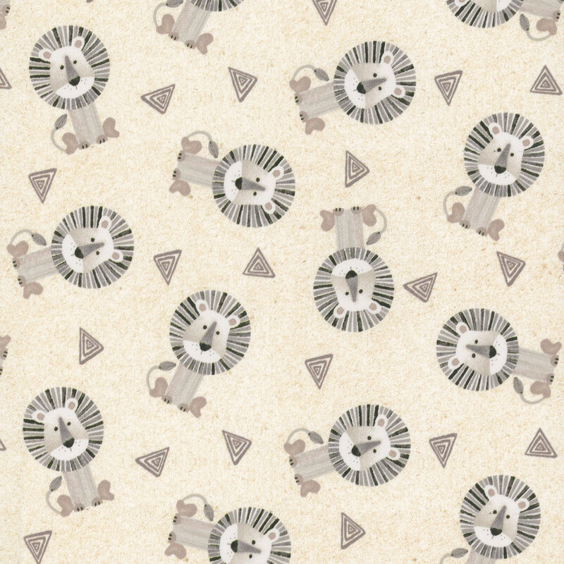 Light beige fabric tossed with lions and geometric shapes