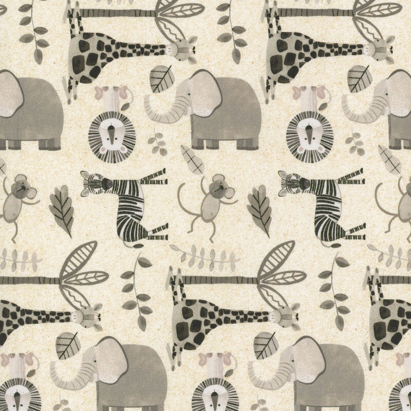 Light beige fabric featuring illustrations of elephants, giraffes, lions, monkeys, and zebras among leaves.