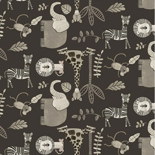 Muted black fabric featuring illustrations of elephants, giraffes, lions, monkeys, and zebras among leaves.