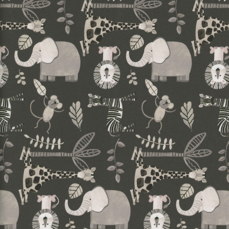 Muted black fabric featuring illustrations of elephants, giraffes, lions, monkeys, and zebras among leaves.