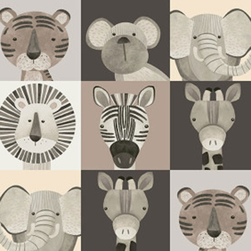 Muted fabric featuring six animal illustrations: a tiger, koala, elephant, lion, zebra, and giraffe in a grid pattern