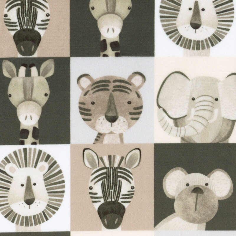 Muted fabric featuring six animal illustrations: a tiger, koala, elephant, lion, zebra, and giraffe in a grid pattern