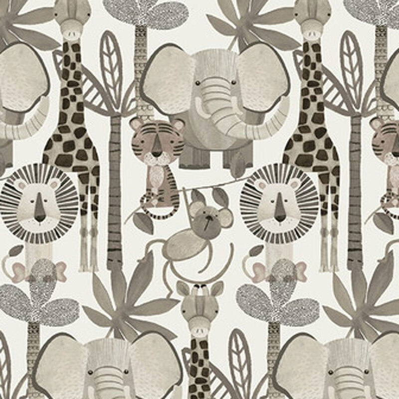 A whimsical jungle pattern featuring elephants, giraffes, lions, tigers, and trees in neutral tones.