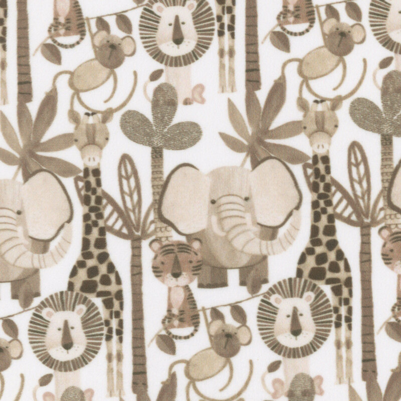 A whimsical jungle pattern featuring elephants, giraffes, lions, tigers, and trees in neutral tones.