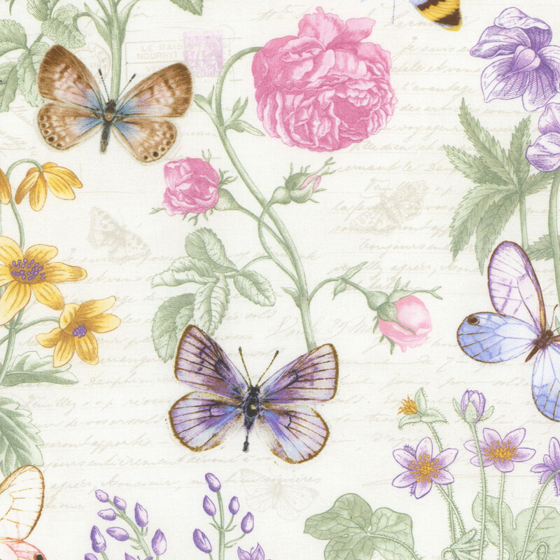 Cream fabric with butterflies, floral sprigs, and perpendicular blocks of words in the background.