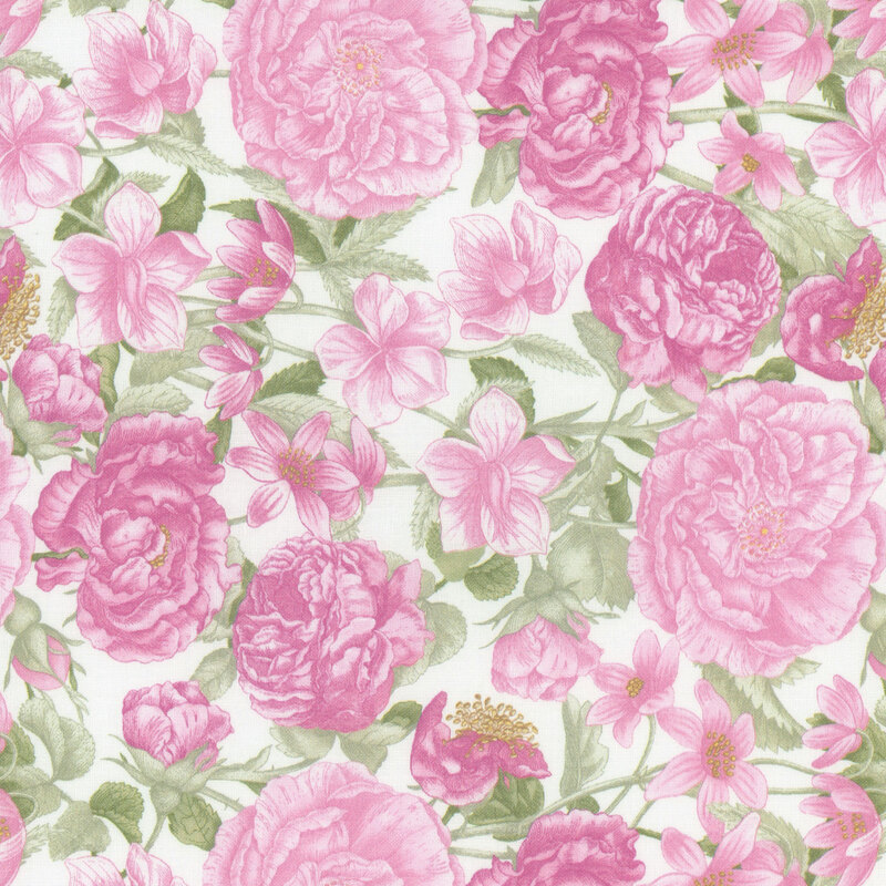 White fabric with large pink florals.