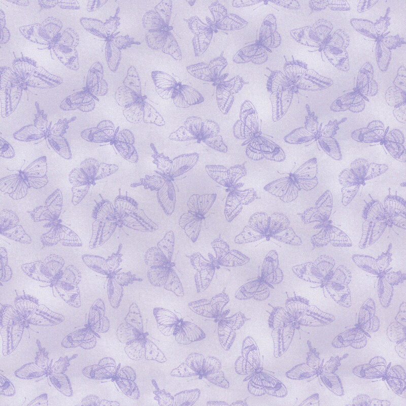 Mottled purple fabric with tonal outlined images of butterflies.