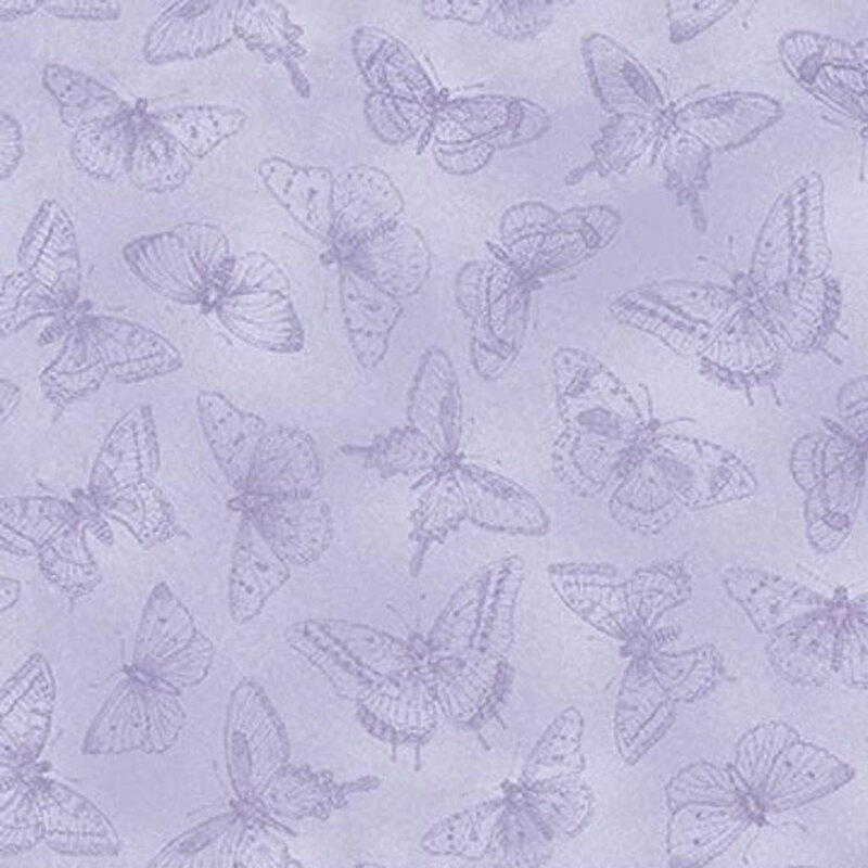 Mottled purple fabric with tonal outlined images of butterflies.