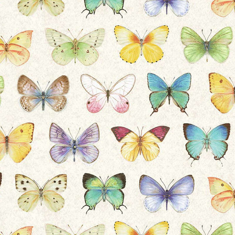 Textured cream fabric with neat rows of unique types of butterflies.