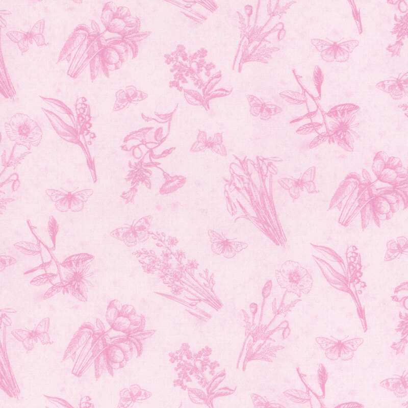 Mottled pink fabric with tonal images of floral sprigs and butterflies.