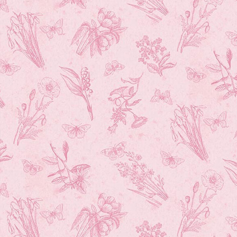 Mottled pink fabric with tonal images of floral sprigs and butterflies.