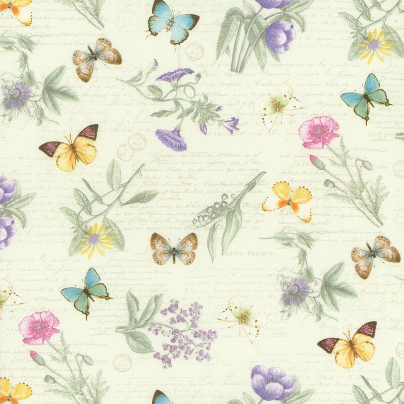 Light green fabric with tossed sprigs of flowers, butterflies, and blocks of tonal text in the background.