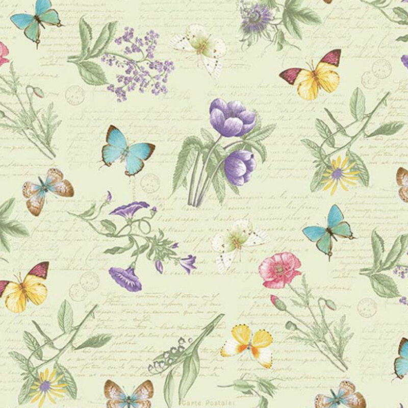 Light green fabric with tossed sprigs of flowers, butterflies, and blocks of tonal text in the background.